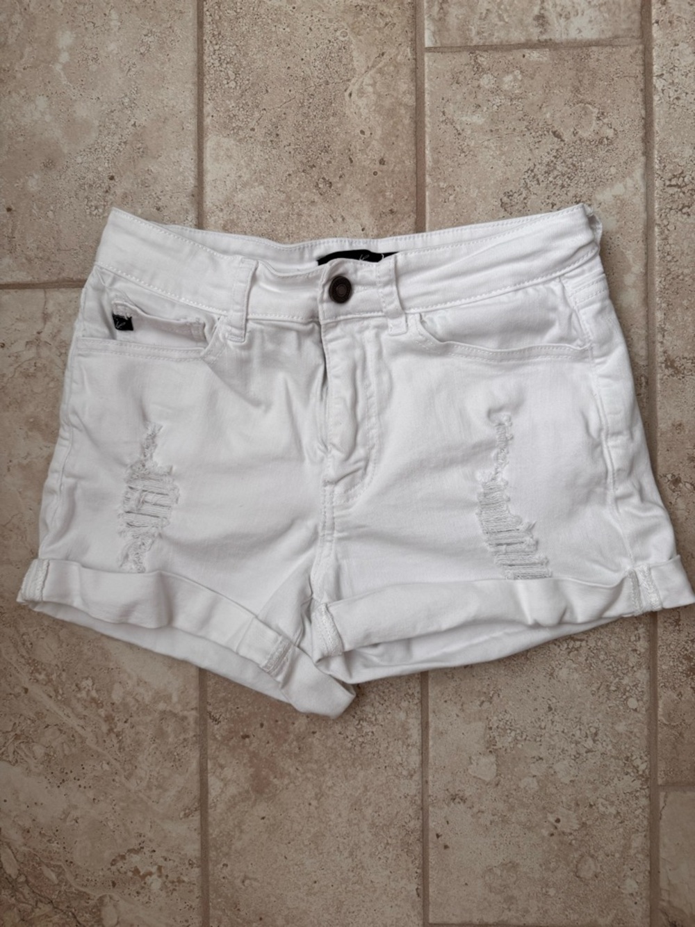 KanCan White Distressed Rolled-Hem Jean Shorts